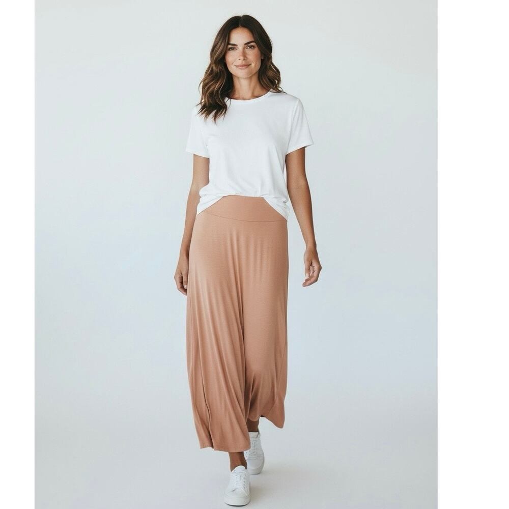 Free To Live Maxi Skirt L Tan Stretchy, Fold Over Top, Soft, Casual